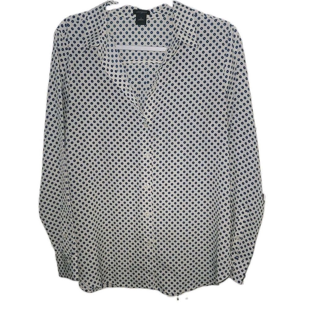 Ann Taylor Women's Size 10 Blue White Floral Geometric Long Sleeve Button Up Top